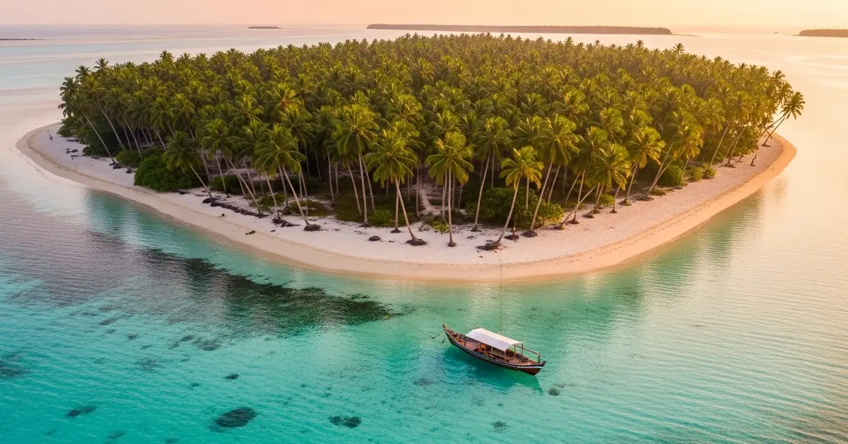 Aerial view of Lakshadweep lagoon with turquoise water and white sand — Lakshadweep travel permit guide 2026