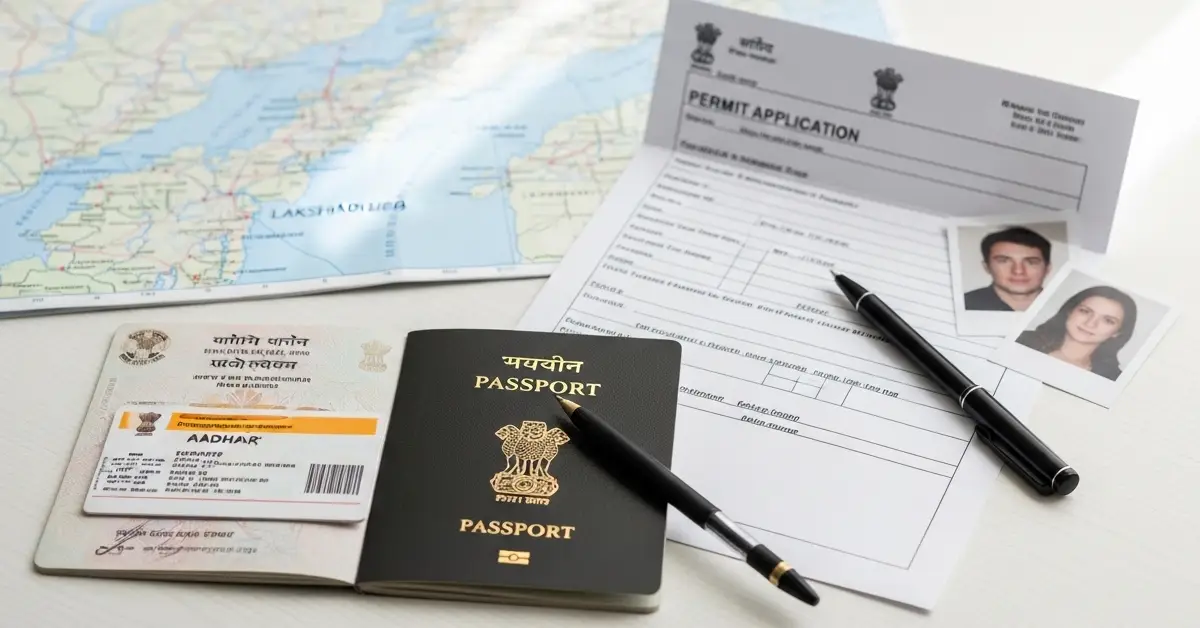 Indian travel documents including Aadhaar card and permit application form for Lakshadweep entry permit 2026