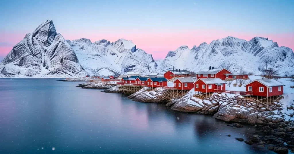 Snow-covered peaks and red Rorbu cabins in Hamnoy Lofoten Islands Norway winter