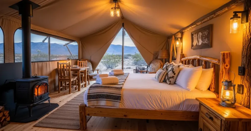 Luxury glamping tent interior with wood stove and king bed in New Mexico wilderness