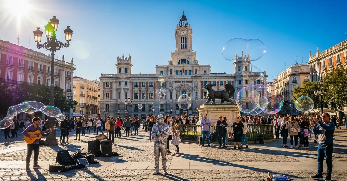 Madrid famous neighborhoods city view with Sol, Malasaña and Gran Via