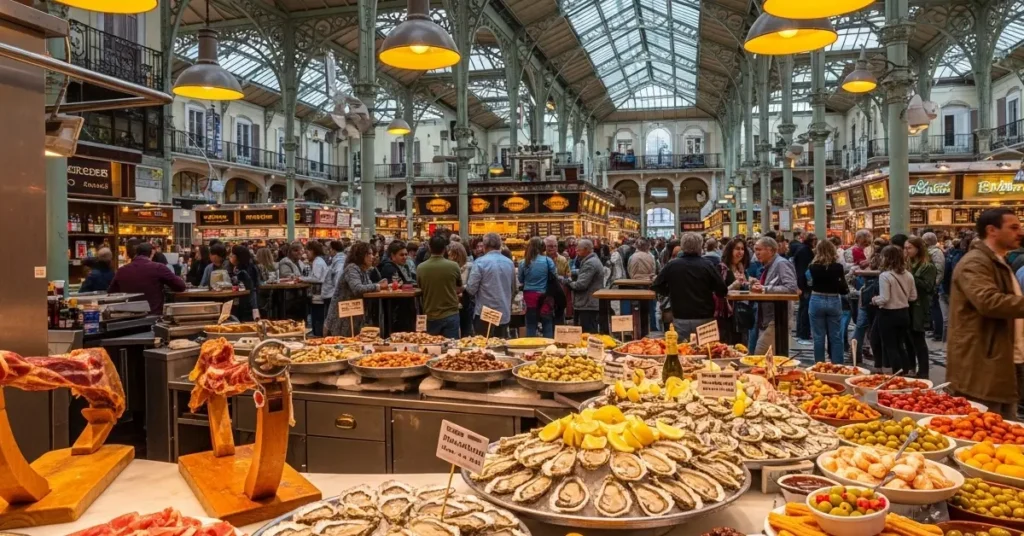 Interior of St. Michael's Market in Madrid showing glass and iron structure, food stalls with tapas and seafood