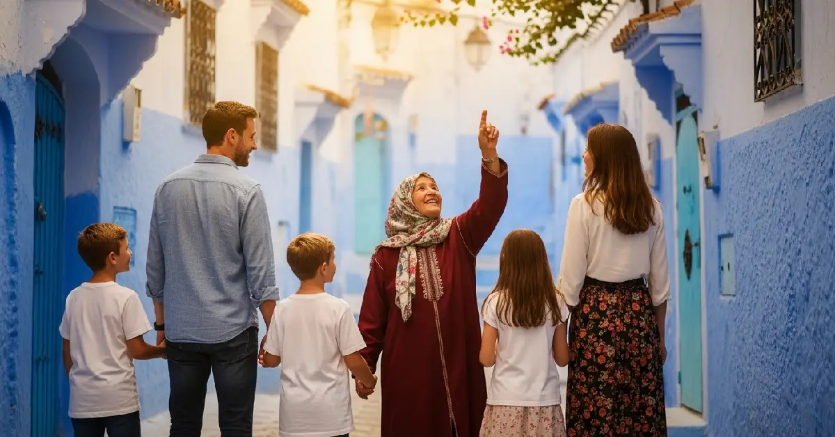An American family walks with a Berber elder through a narrow, blue alley in Chefchaouen during a cultural exploration in Morocco.