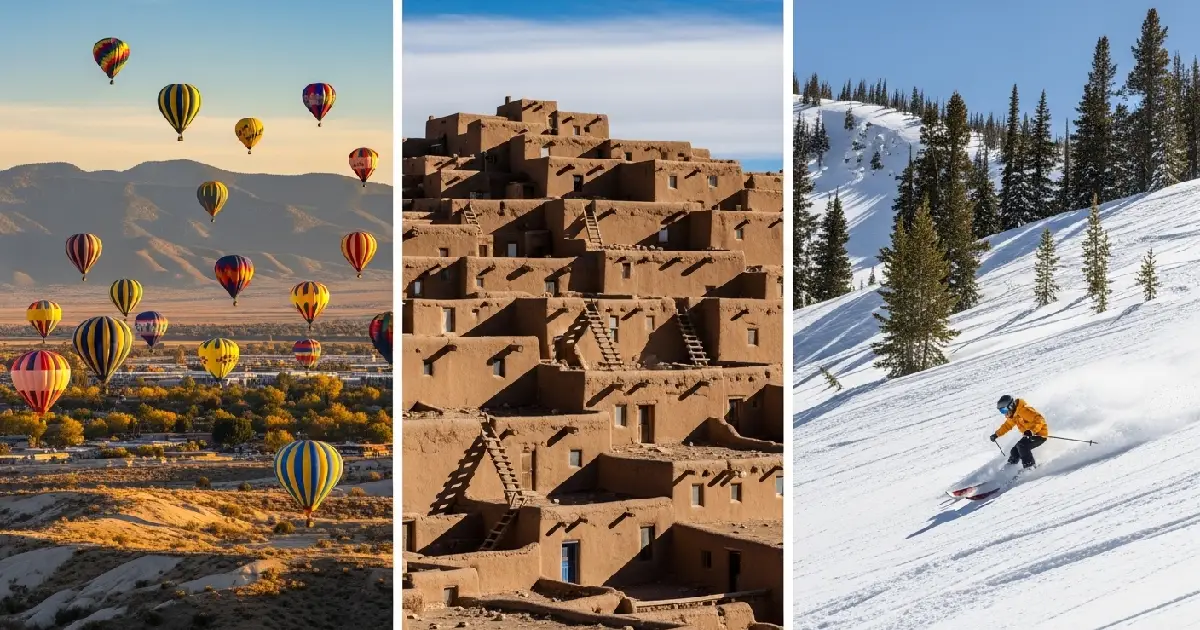 Collage of New Mexico tour packages featuring hot air balloon, Taos Pueblo, and skier