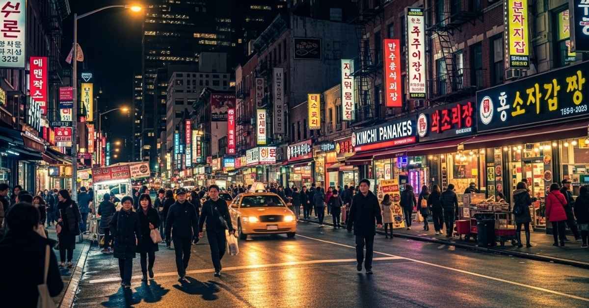 Busy night view of 32nd Street with neon signs and people walking outside New York Koreatown restaurants