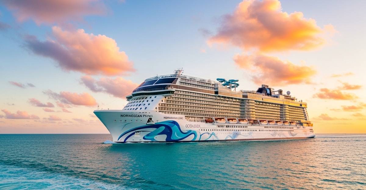 Norwegian Cruise Line USA ship departing from Miami at sunset