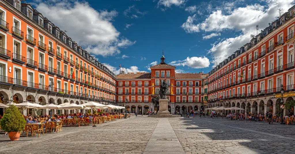 Historic Plaza Mayor square in Madrid with uniform red buildings, balconies, and central statue