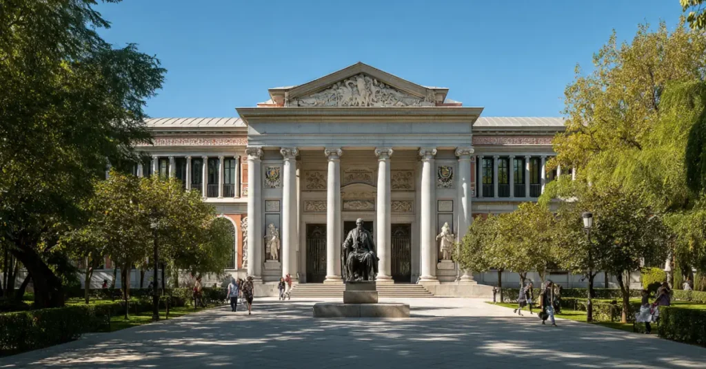 Prado Museum entrance facade with Velázquez statue in front, Madrid's most famous art museum