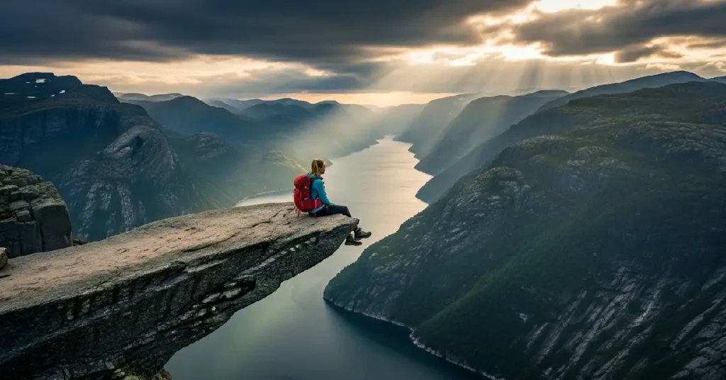 Hiker sitting on the edge of Preikestolen cliff overlooking Lysefjord in Norway