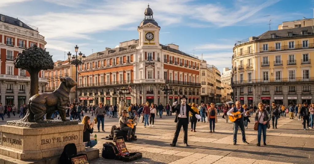 Puerta del Sol Madrid central square crowd and bear statue