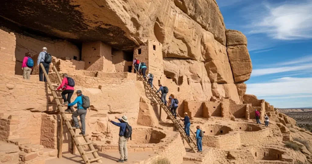 Puye Cliff Dwellings carved into volcanic tuff with tour group exploring