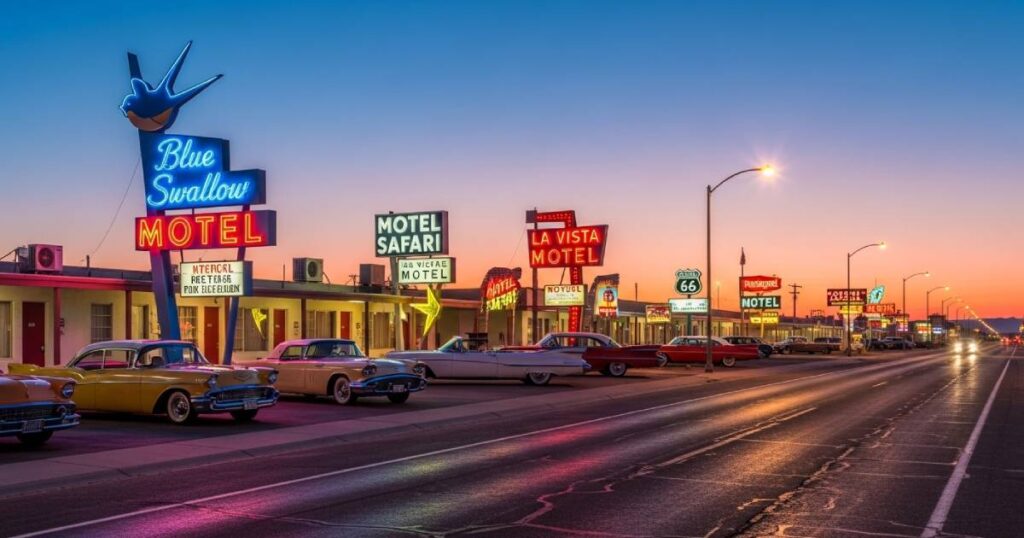 Route 66 neon signs in Tucumcari, New Mexico at twilight
