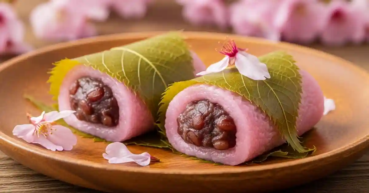 Sakura mochi food hanami traditional Japanese sweet with cherry leaves