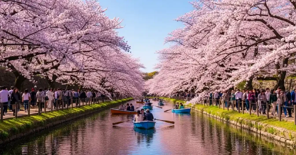 Sakura viewing activities Tokyo at Chidorigafuchi moat with cherry blossoms and people walking