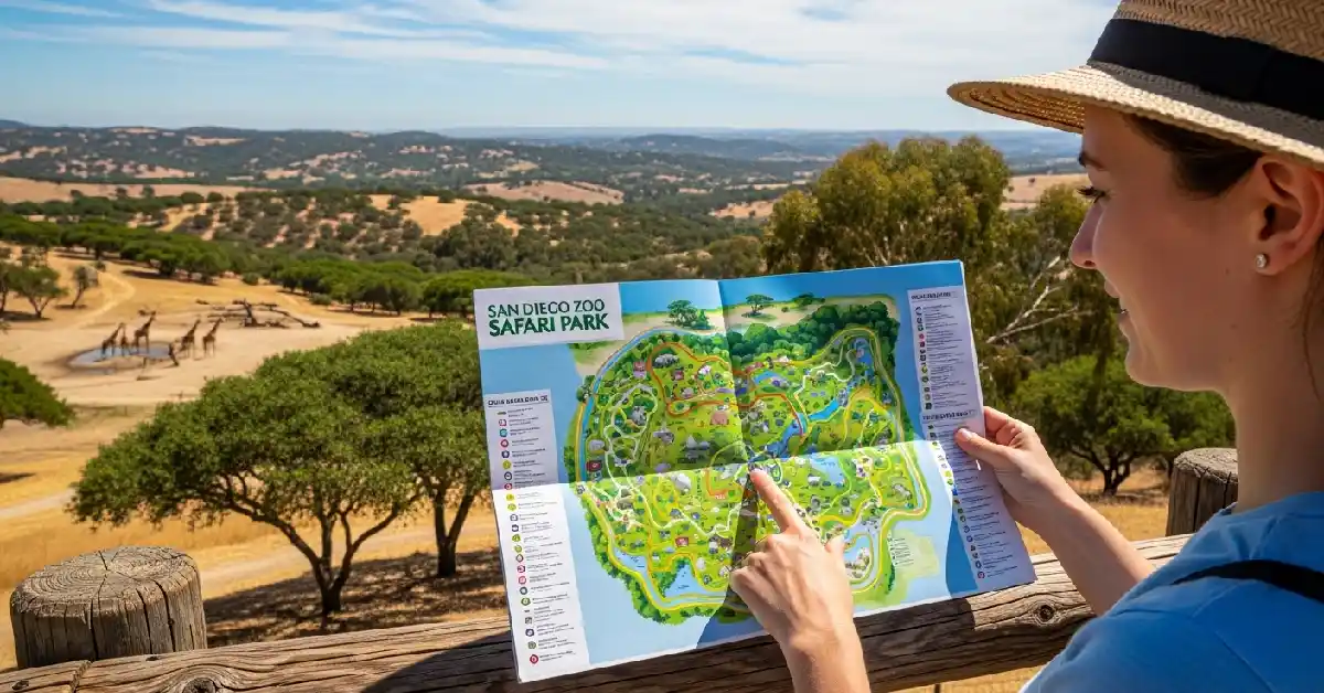 Visitor using a San Diego Zoo Safari Park map to plan tours and walking routes