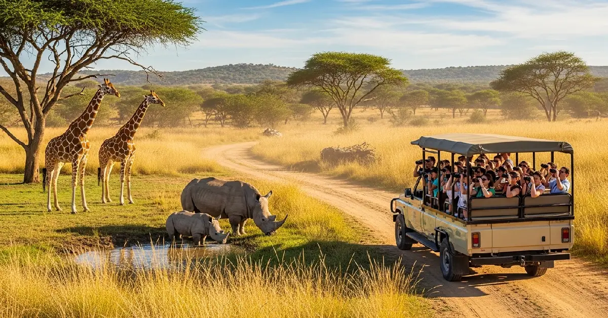 Open safari truck passing giraffes in the savanna at San Diego Zoo Safari Park tours package in Escondido California