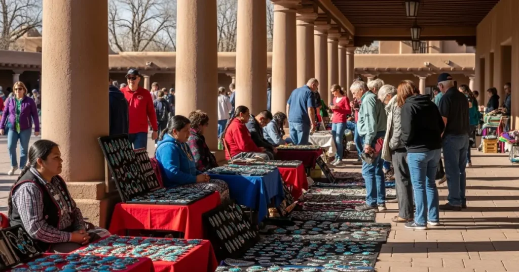 Santa Fe Plaza with Native American artisans selling jewelry under the portal