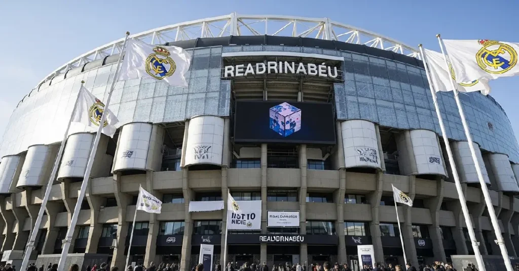 Exterior of Santiago Bernabéu Stadium in Madrid with Real Madrid club flags and modern architecture