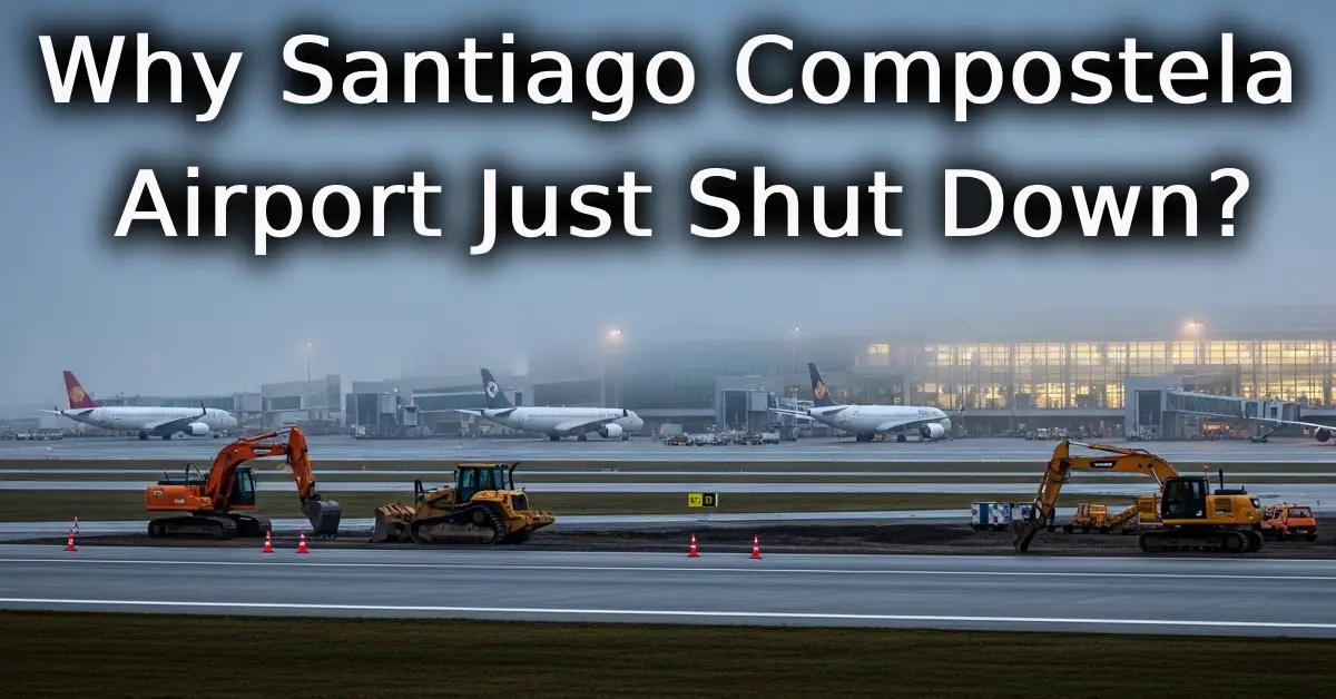 Exterior view of Santiago de Compostela Airport terminal during a foggy day with runway maintenance visible.