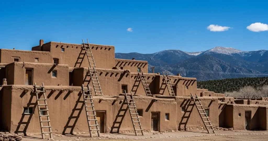 Ancient multi-story adobe structures of Taos Pueblo with mountain backdrop