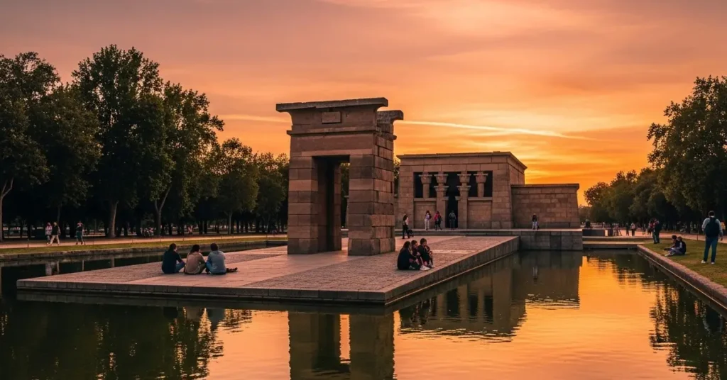 Ancient Egyptian Temple of Debod in Madrid at sunset with reflection in water and orange sky