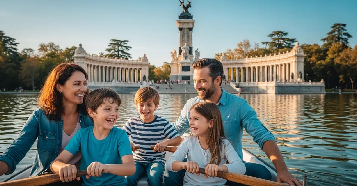 Family enjoying a boat ride at El Retiro Park in Madrid, one of the top things to do in Madrid Spain with family