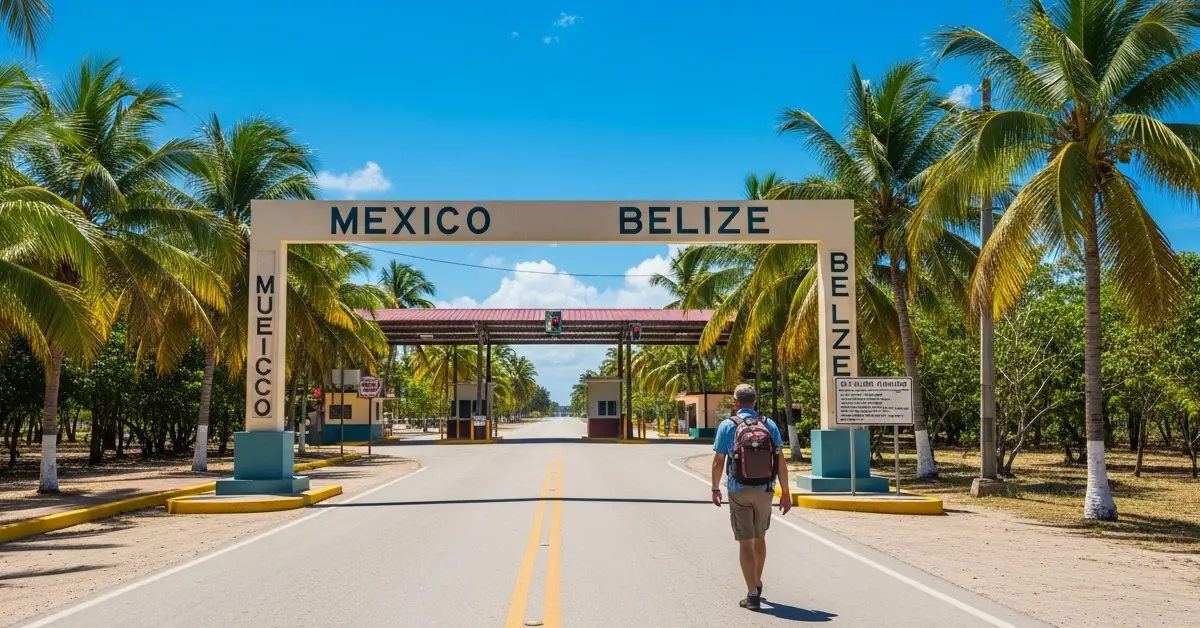 traveler crossing mexico belize border near chetumal with backpack and tropical surroundings