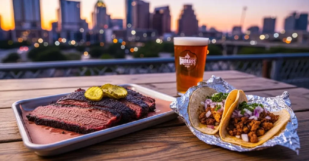 A tray of smoked Texas brisket and breakfast tacos with the Austin skyline in the background.