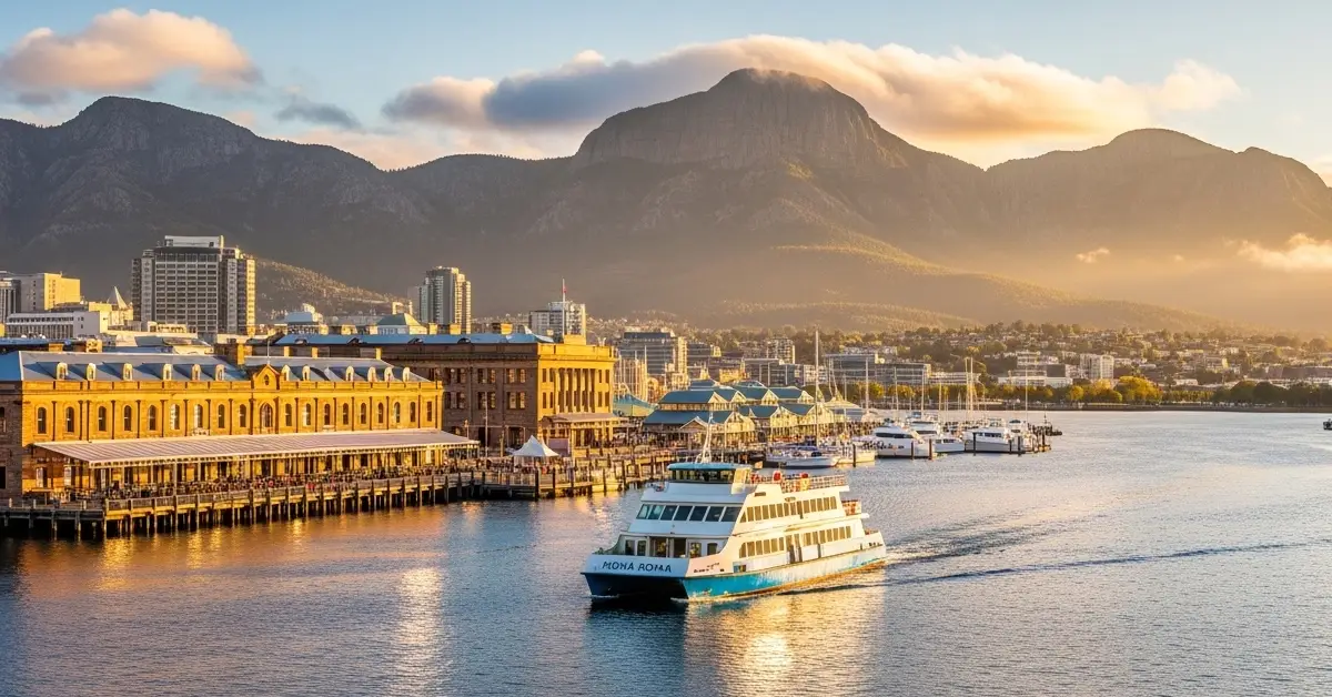 What to do in Hobart Tasmania – stunning waterfront with MONA ferry on Derwent River and kunanyi Mount Wellington at sunset
