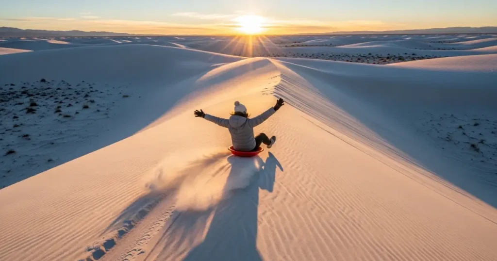 White Sands National Park gypsum dunes at sunset with visitors sledding
