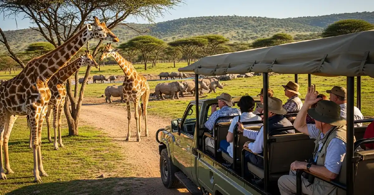 Visitors riding an open-air Wildlife Safari truck past giraffes at San Diego Zoo Safari Park
