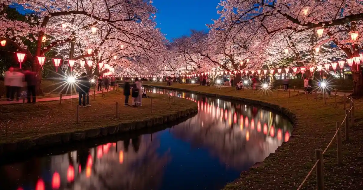 Yozakura night viewing Japan with illuminated cherry blossoms at night