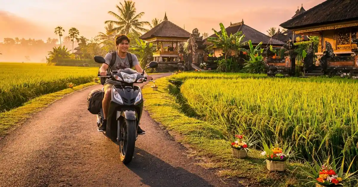 Bali transportation guide - Riding scooter through beautiful rice terraces in Ubud