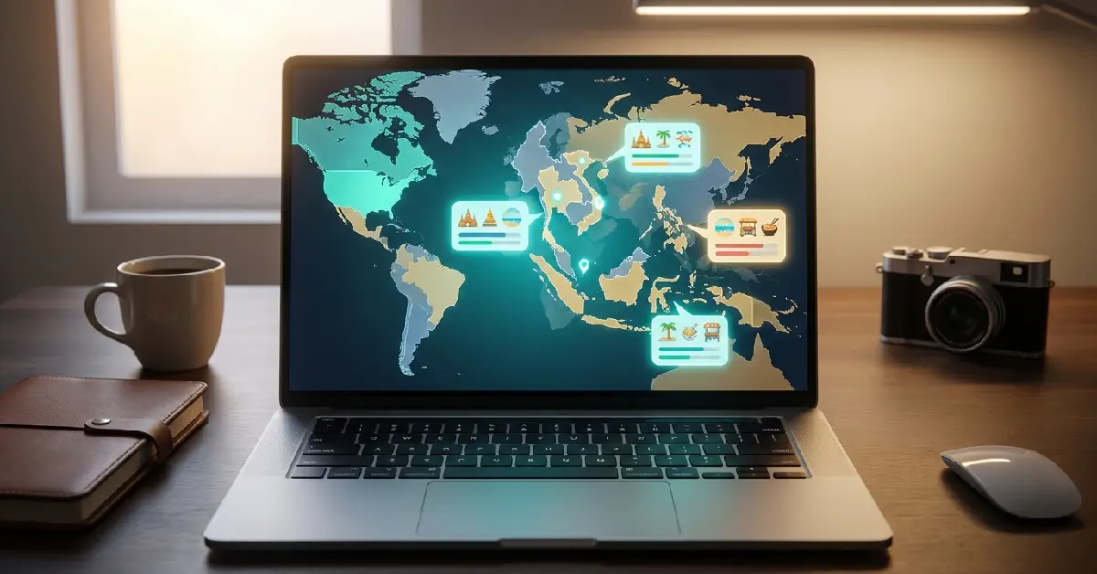 ai travel planner free 2026 showing personalized itinerary on laptop with world map