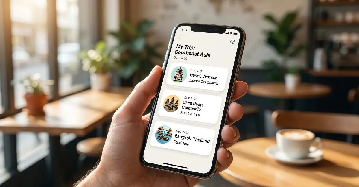 ai travel planner free 2026 mobile app showing day by day Southeast Asia itinerary on smartphone