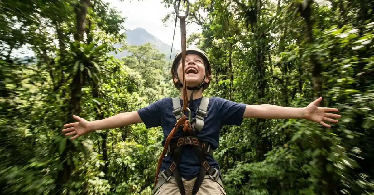 Child laughing on zipline through Arenal rainforest canopy — adventure activities in Costa Rica for kids