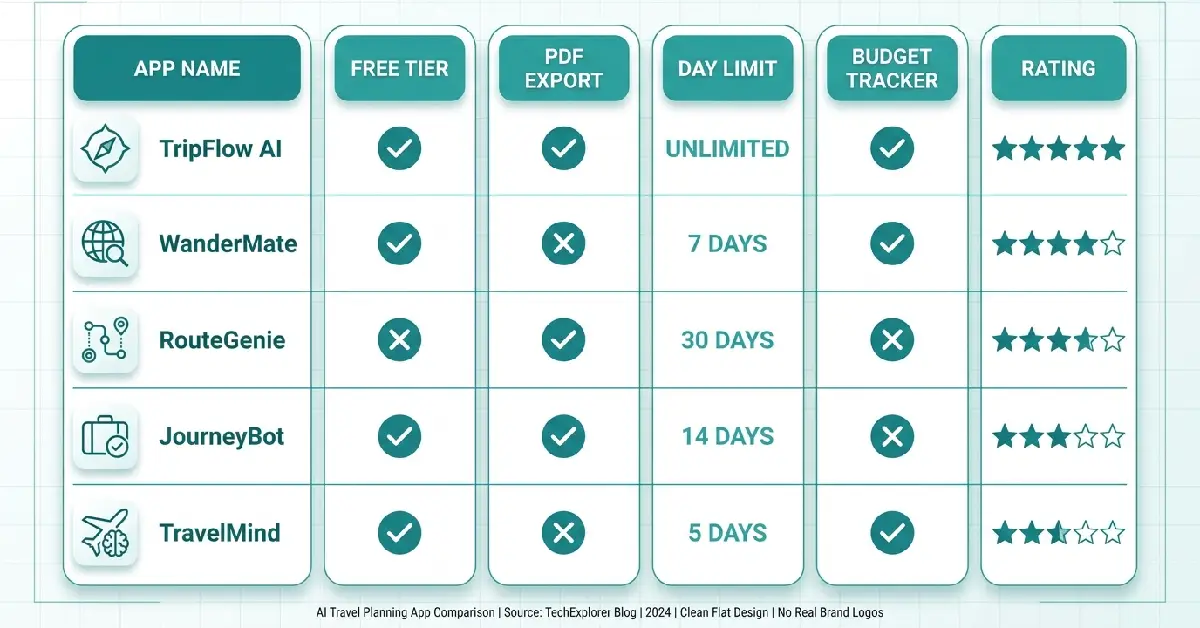 best ai travel planner free 2026 tools comparison chart showing features of Travo NxVoy Wanderlog Layla and Stippl