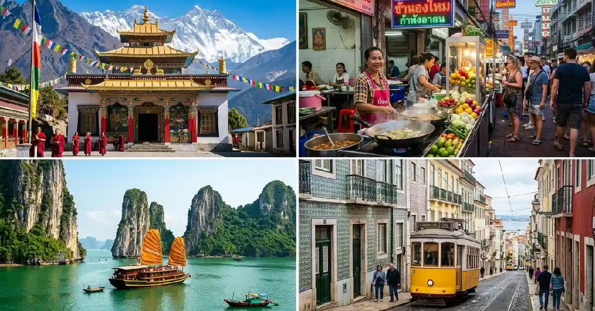 Best countries to visit on low budget for beginners - Nepal Thailand Vietnam Portugal