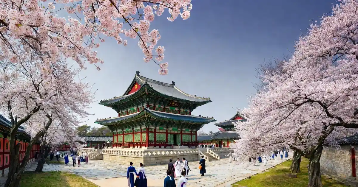 Spring at Gyeongbokgung Palace in Seoul with cherry blossoms during the best months to visit South Korea