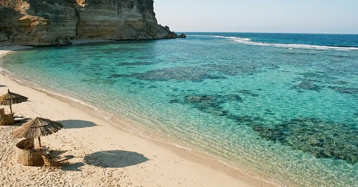 People relaxing on fine golden sand at Capo San Marco beach with reef visible for scuba diving and sea turtles, Sciacca.