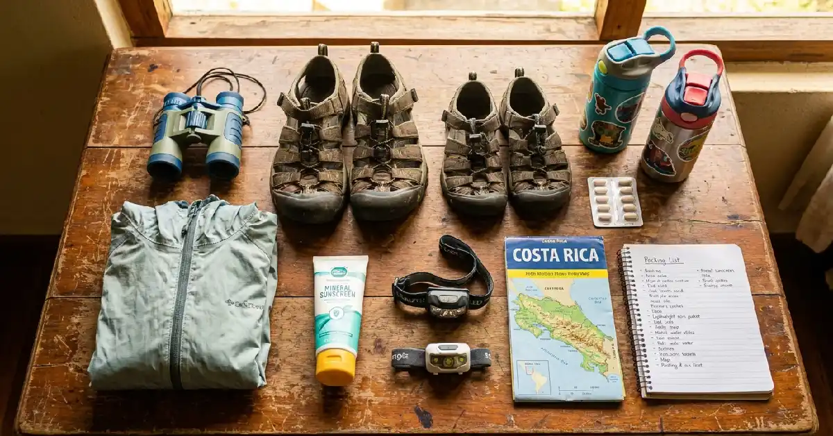 Costa Rica packing list for kids by age — family travel essentials flat lay
