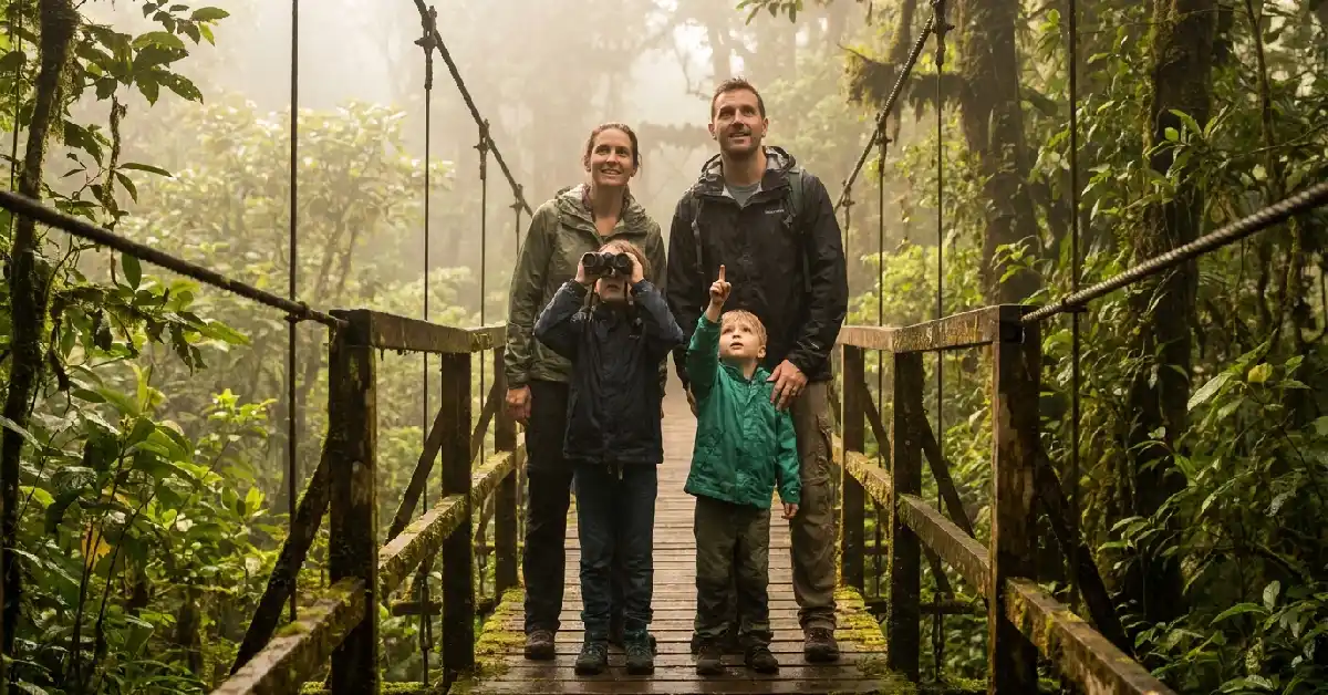 Family with kids on hanging bridge in Costa Rica cloud forest — costa rica travel guide for families