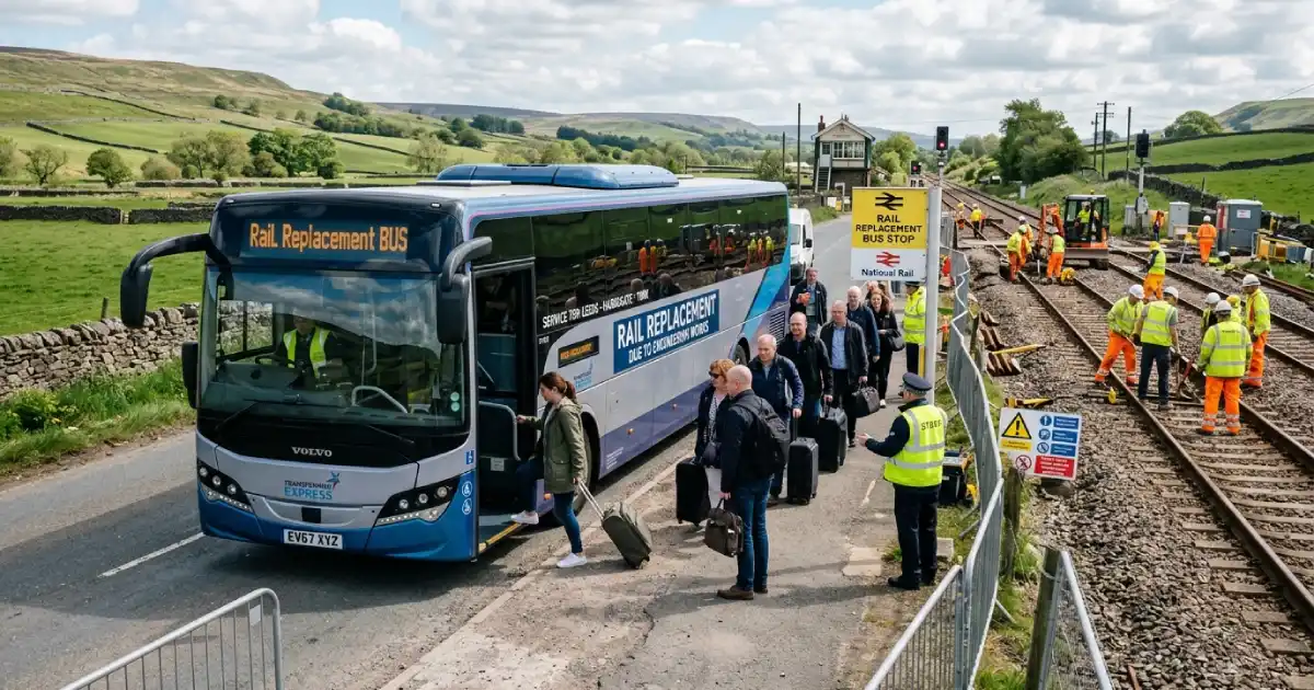 Rail replacement bus service operating between York and Darlington due to UK rail disruption May 2026 on the East Coast Main Line