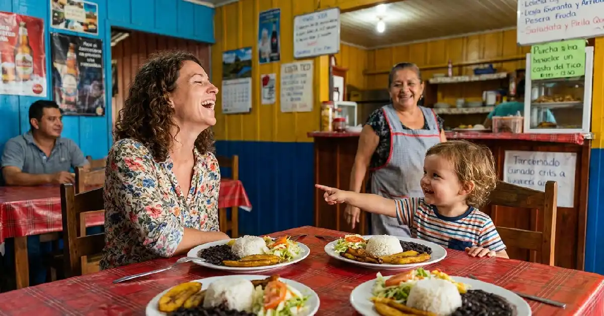 Family eating traditional casado at a local Costa Rican soda — budget family vacation costa rica food tips