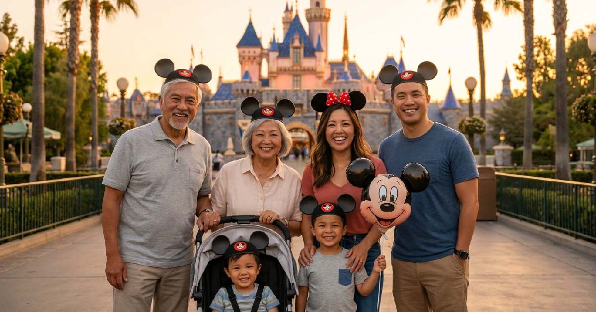 Multi-generational family smiling in front of Disneyland castle during a 2026 family friendly vacations california trip