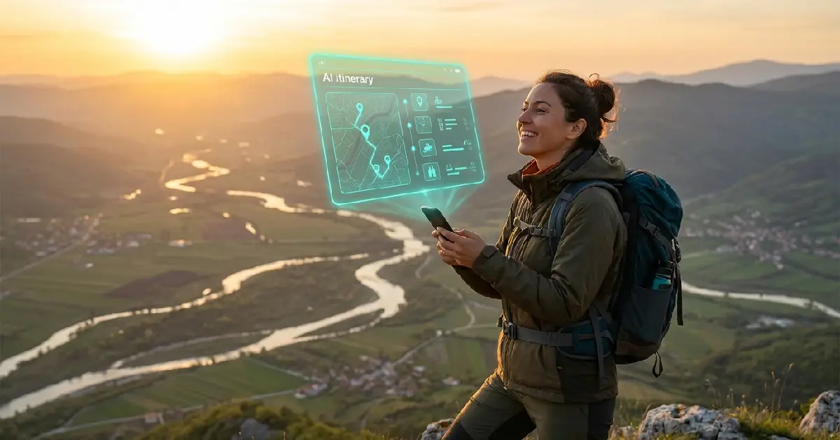 traveler using future ai travel planner free 2026 with augmented reality itinerary overlay at mountain viewpoint
