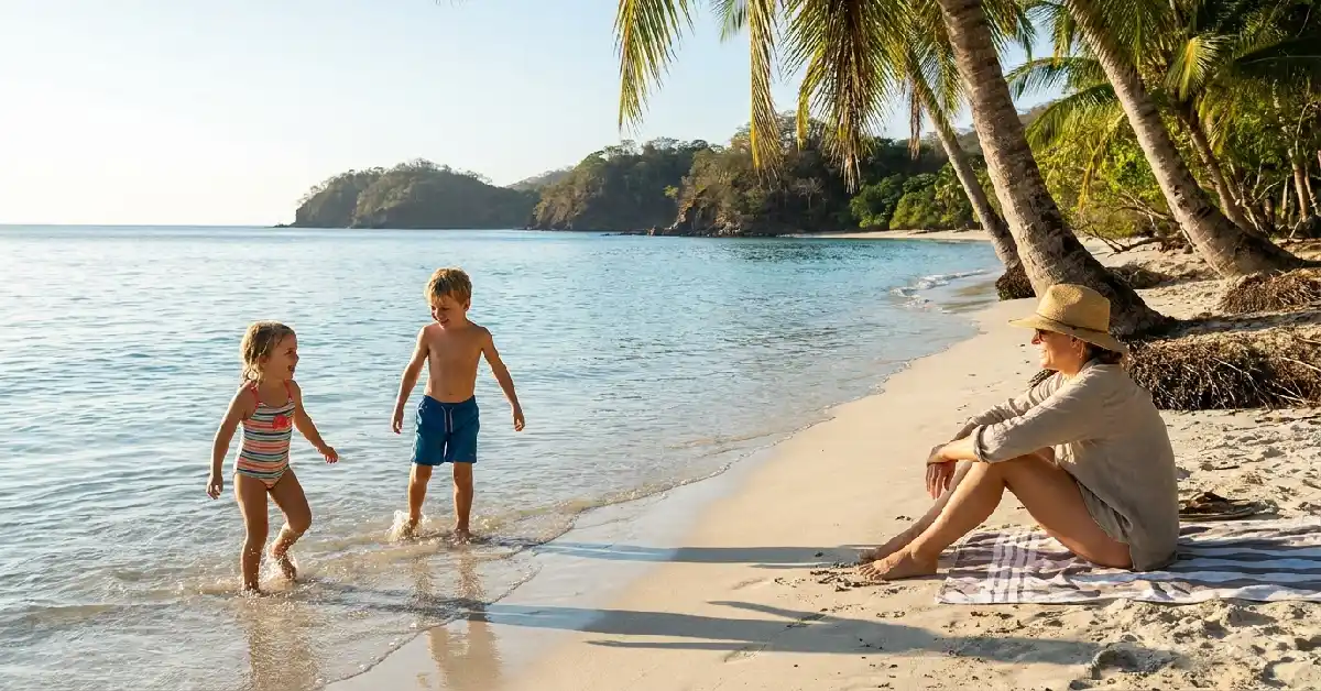 Toddlers playing in calm Guanacaste beach water — best Costa Rica beaches for families with young kids