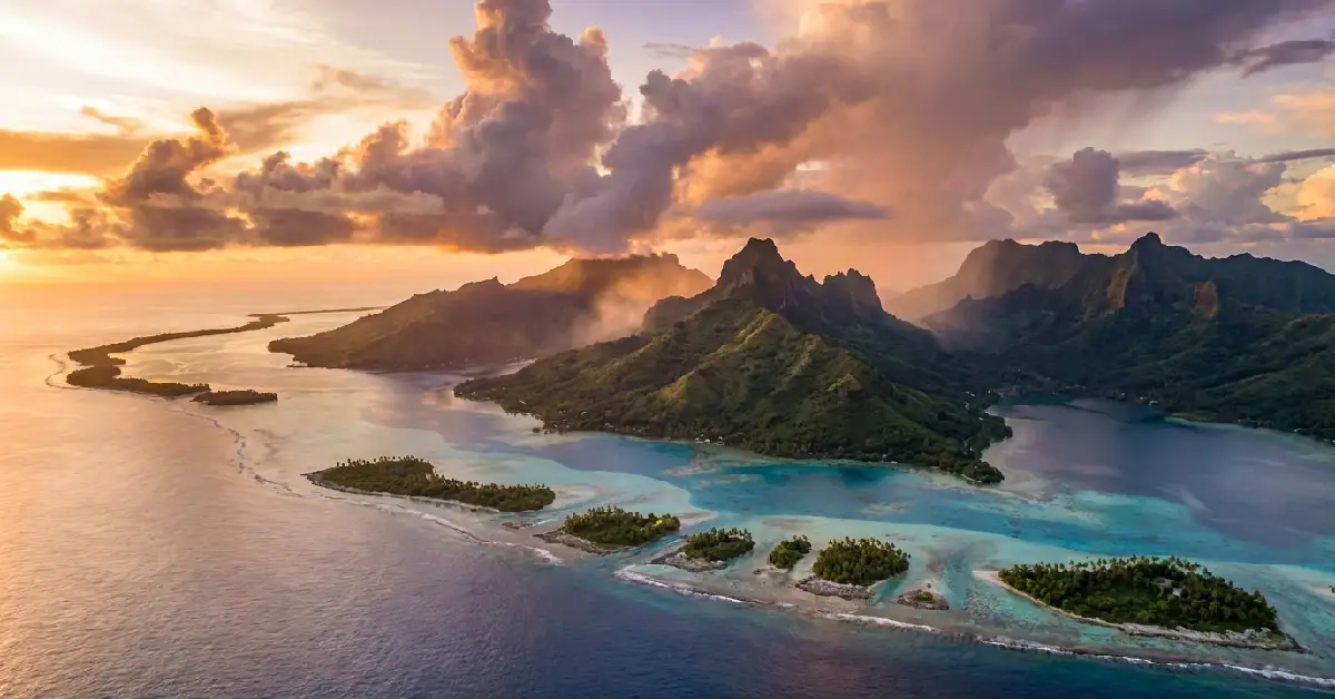 Epic aerial sunset view of remote hidden gems in Oceania islands travel guide, turquoise lagoons and volcanic peaks in the South Pacific