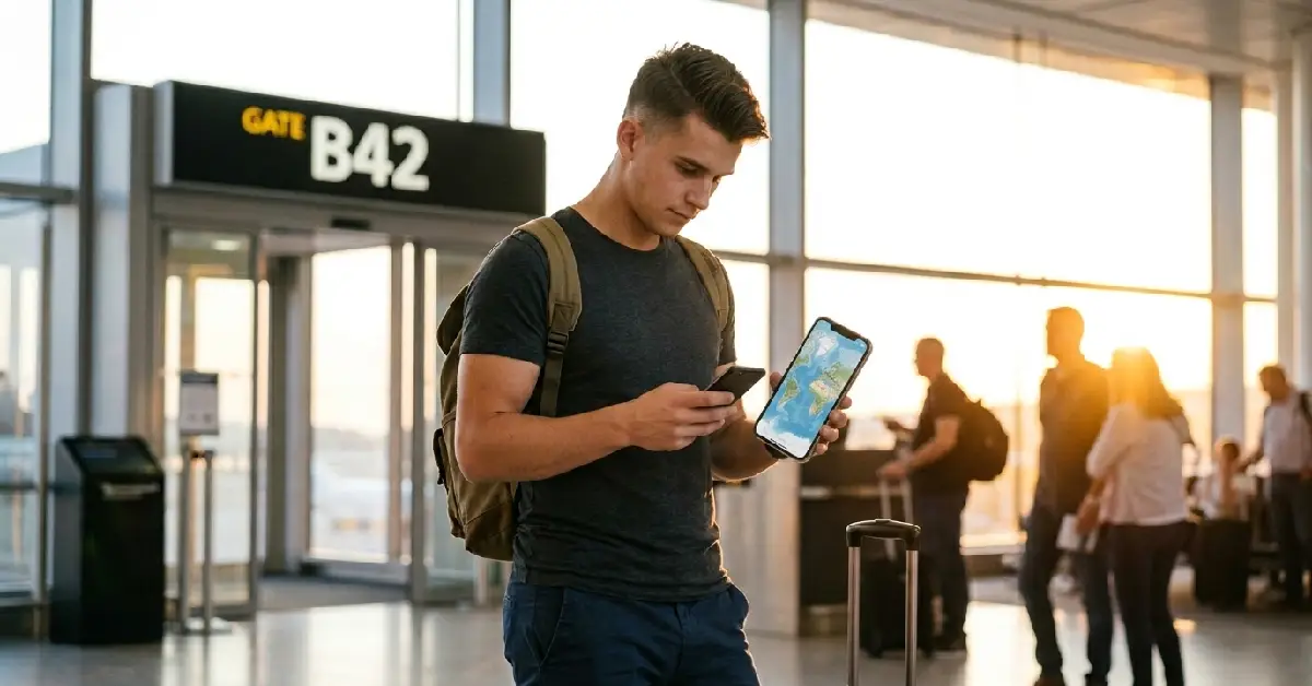 Young traveler planning how to travel abroad on a low budget at airport terminal