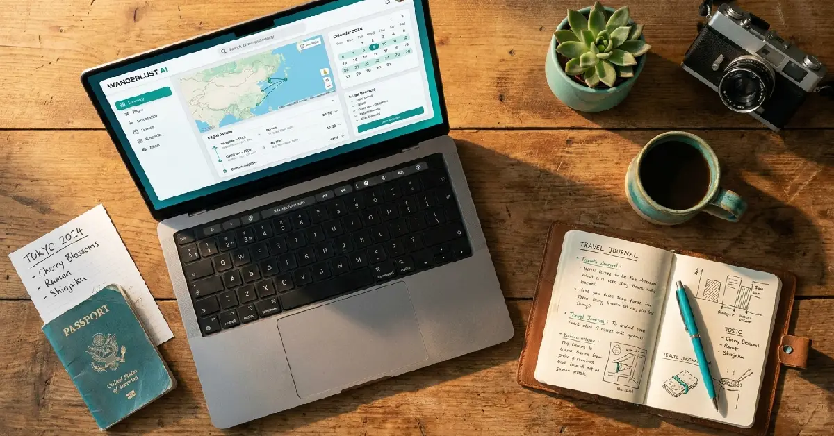  how to use ai travel planner free 2026 showing laptop with itinerary journal and passport on desk